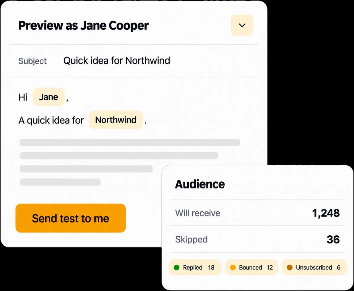 A preview of the email as Jane Cooper with filled merge tags, beside the audience with who is skipped